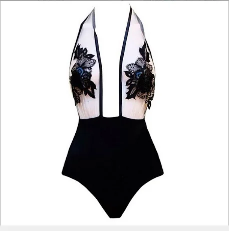 

Women Fashion Bodysuits Sexy Black Halter Voile Spliced Floral Pattern Backless Women's Jumpsuits One Piece Bodysuit