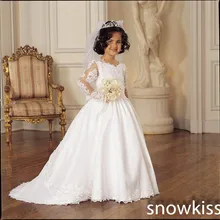 Haute кутюр с длинными рукавами, прозрачное кружевное атласное платье трапециевидной формы с v-образным вырезом и цветочным узором для девочек, праздничное платье на день рождения, для торжеств, для свадеб