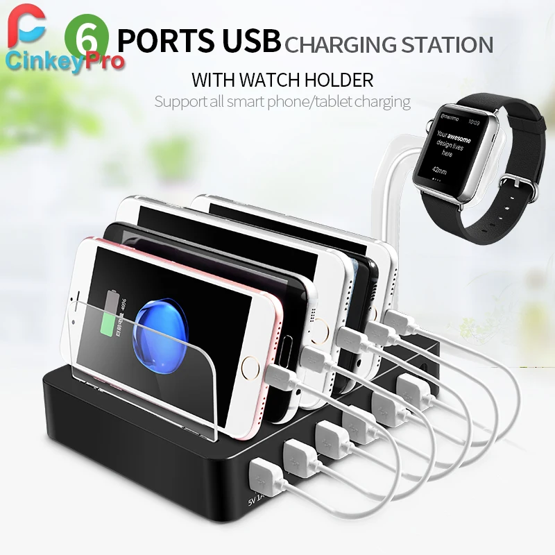 CinkeyPro 6 USB شاحن الجهاز اللوحي والمحمول الهاتف شاحن 5 فولت/10A مع أبل ووتش حامل لسامسونج فون باد مهايئ عام