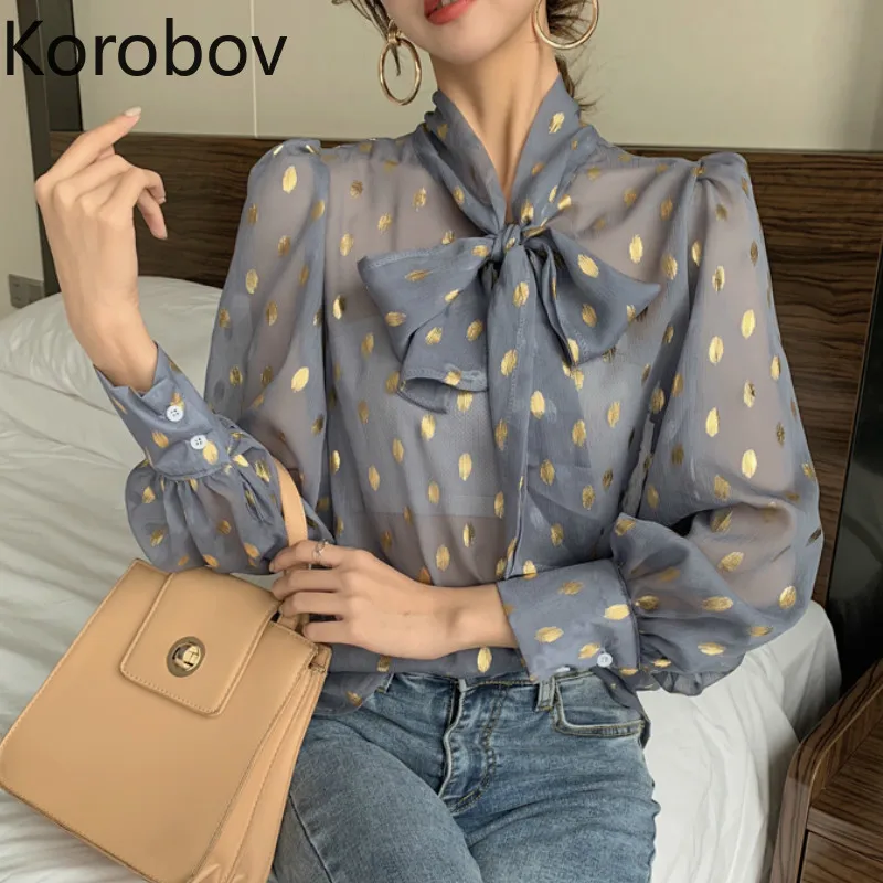Женская блузка в горошек Korobov винтажная с бантом на шнуровке 77368 |