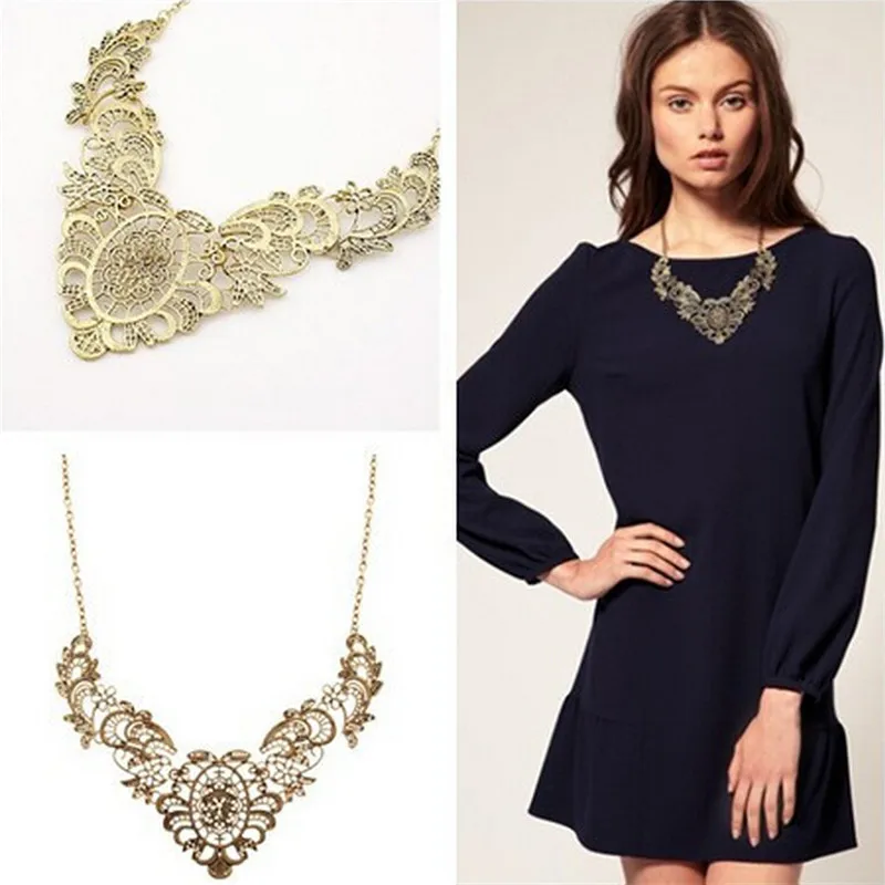 

New Fashion European Vintage Luxurious Collar Chain Bronze Lace Carving Flower Chain Choker Necklace for Women Pendant Jewelry