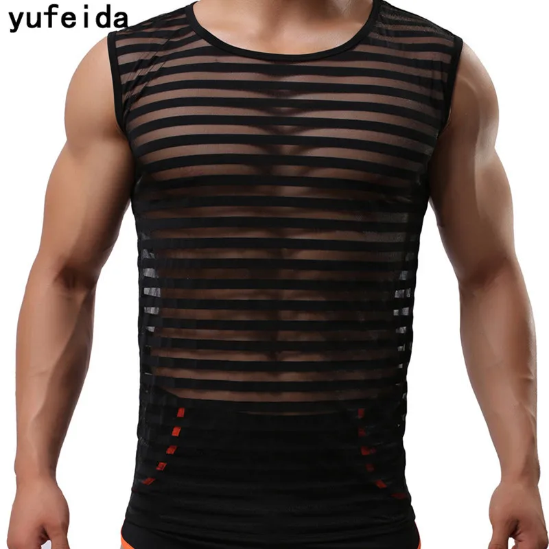 

YUFEIDA Men Sexy Male See Through Gay Tank Tops Underwear Stripe Transparent Mesh Shirts Undershirts Tank Tops Regatta Masculina
