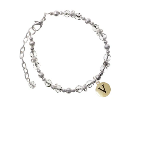 Goldtone Capital Letter - V - Pebble Disc - Clear Beaded Bracelet