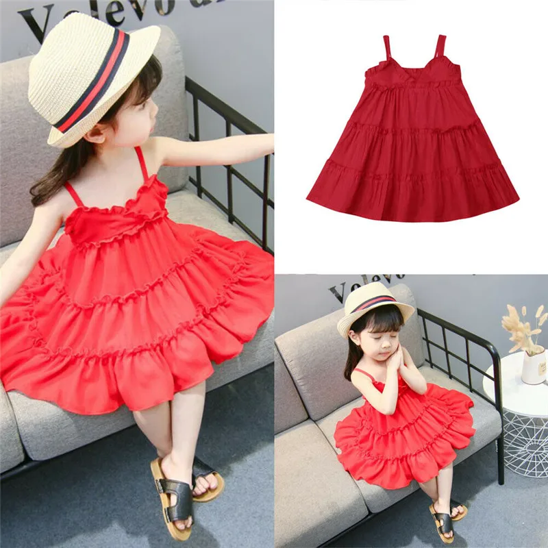 0-6Y Baby Girl Sleeveless strap red Ruffle Dress Casual Kids Cothes Outfits Summer Princess Cupcake |