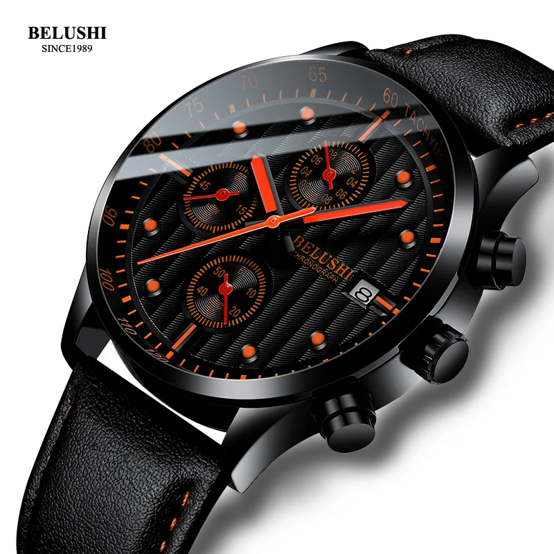 

BELUSHI Fashion Sports Men Watch Top Brand Luxury Chronograph Leather Quartz Watches Men Waterproof Clock Relogio Masculino