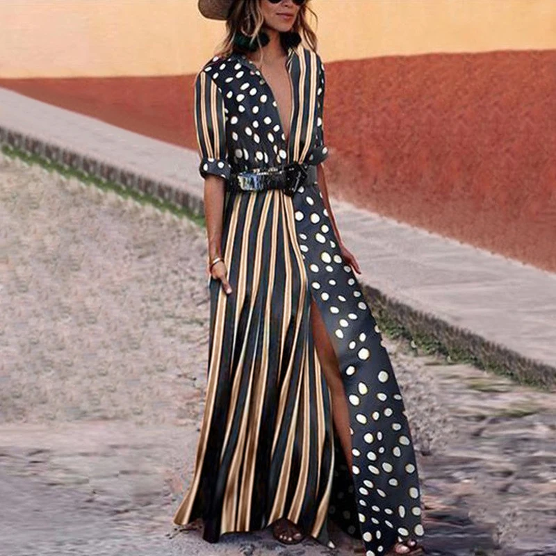 

Boho Summer Women Black Fashion Striped Polka Dot Maxi Dress Half Sleeve Turn-down Collar Loose Causal Long Split Dress