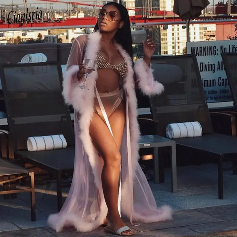 

Bridal Boudoir Robe Pink Feather Bridal Sheer Robe Tulle Illusion Long Birthday Feather Robe Costume Dressing Gown