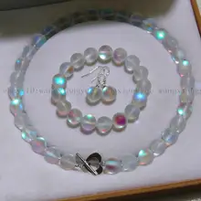 8 мм белый блестящий Радужный Лунный Камень Круглый бисер ожерелье+ браслет+ серьги набор нефрит