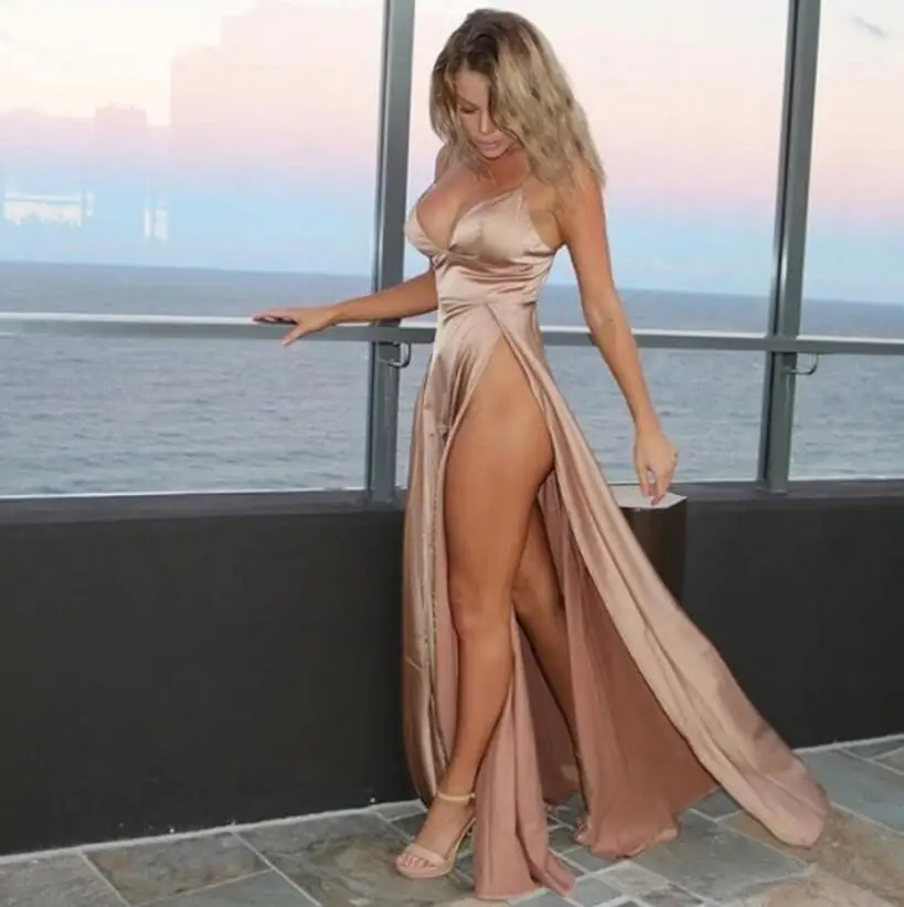 

Satin Long Dresses Summer Club Parties Vestidos Separation Elegant Maxi Dress Slim Strap Spaghetti Bathrobe Sexy Beachwear