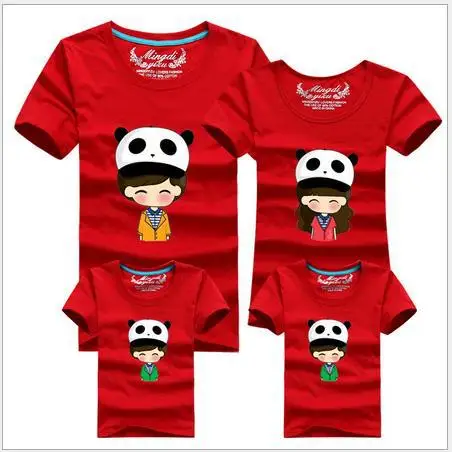 Летняя стильная футболка с рисунком панды, костюмы для папы и сына, Одинаковая одежда для мамы и дочки, одежда для всей семьи, roupas - Цвет: Красный