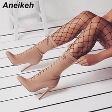 Aneikeh/новые ботинки г. Женские осенние модные ботильоны обувь на шпильках с острым носком эластичная Обувь На Шнуровке на высоком каблуке, женская обувь, 42