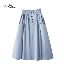 2019 летние новые женские модные однотонные однобортные трапециевидные юбки с карманом, женские простые тонкие юбки средней длины