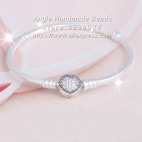 

2017 Valentine S925 Sterling Silver Sparkling Heart with Clear CZ Clasp Snake Chain Classic Bracelet Fit European Charms Beads