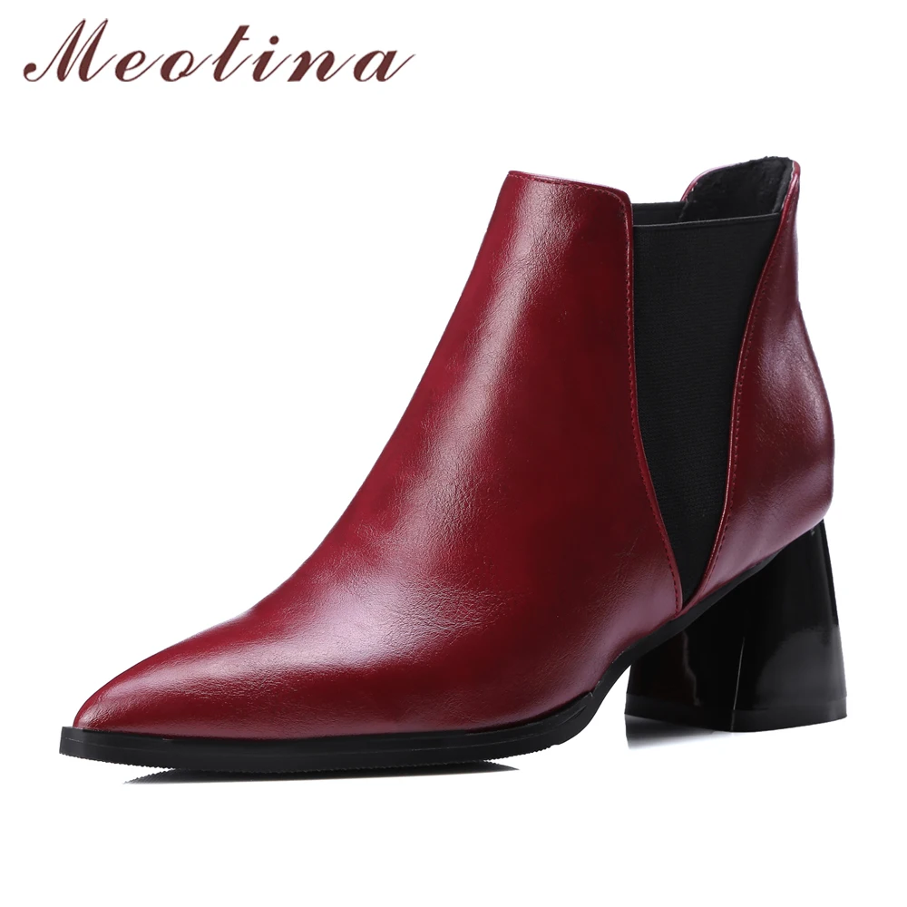 

Meotina Shoes Women Ankle Boots Chunky High Heels Female Boots Pointed Toe Ladies Chelsea Boots Wine Red Black Big Size 10 42 43