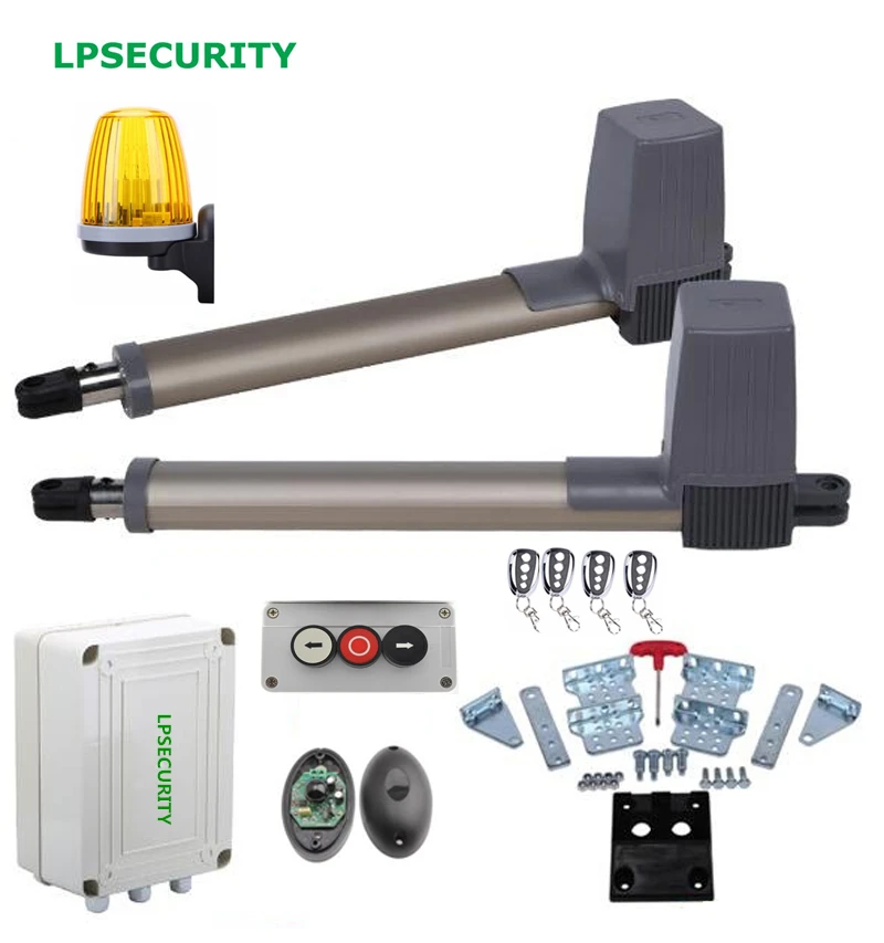 

LPSECURITY 24VDC 300kg dual Actuator Automatic Motor Dual Swing Gate Opener with strobe 4 remote controls 1 photocell 1 BUTTON