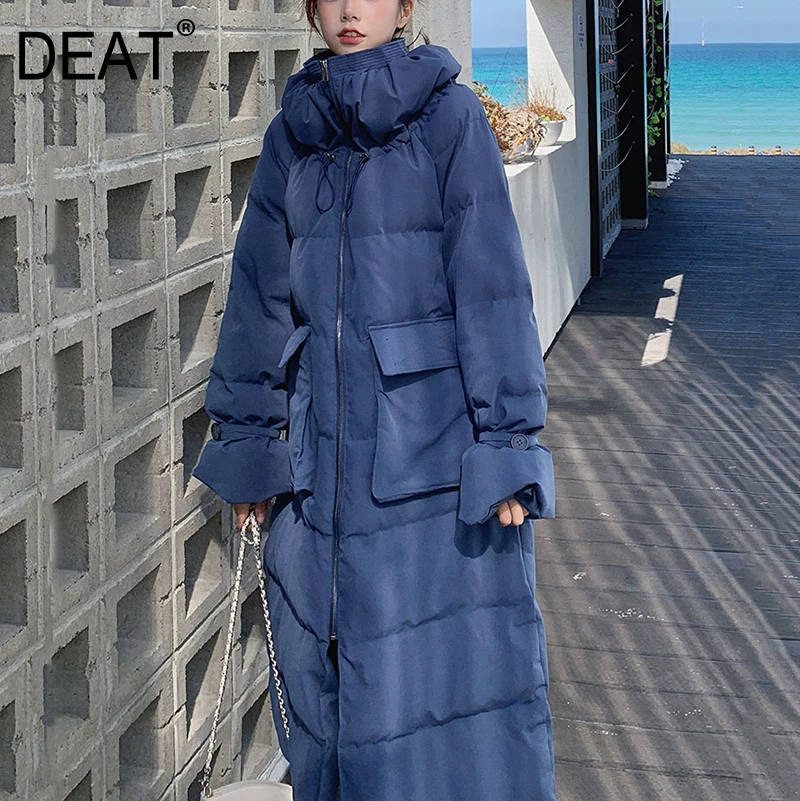 

[DEAT] 2019 New Autumn Winter Stand Neck Zipper With Hat Big Pocket Casual Long Sleeve Jacket Women Coat Fashion Tide 10D370