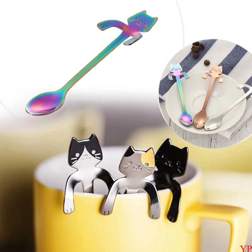 

1PC Cute Cat Long Handle Hanging Spoon Coffee Milk Stainless Steel Spoon Flatware Kitchen Tools for Kids Gifts 7Colors Available