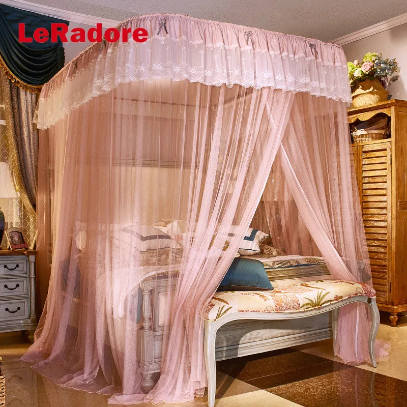 

Palace Polyester Bed Mosquito Net Double Bed Insecticide Treated Queen King Bed Frame Lace Embroidery Bi-Parting Canopy Nets