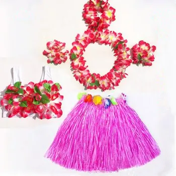 

New Hawaii Flower Lei Headband Garland Wreath Hula Grass Skirt Bra Children Girls Summer Party Favor