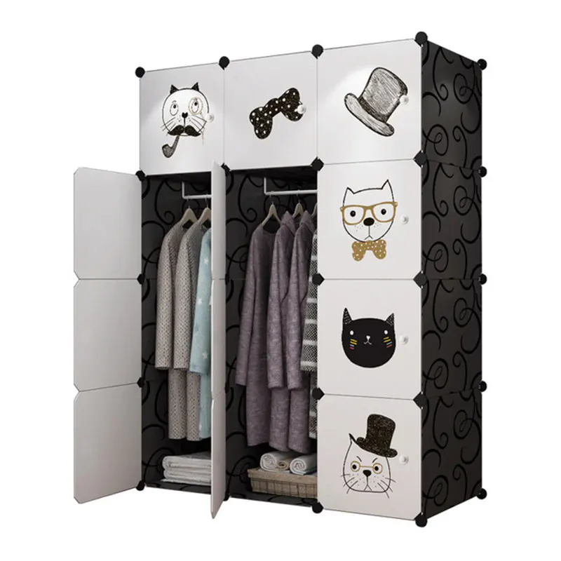 

Cute Cat Pattern Resin Wardrobe Simple Installation Plastic Storage Combination Wardrobe Modern Children Room Storage Cabinet