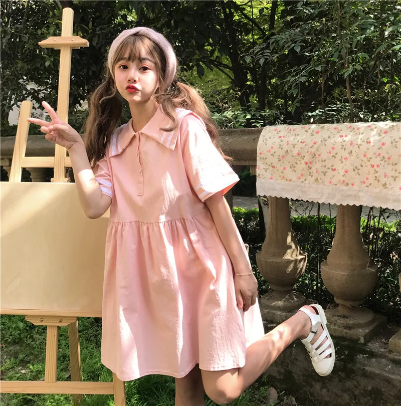 

Japanese Summer Loose Short Sleeve Dress soft sister cute navy collar loose Dress PreppyStyle Cute Dress