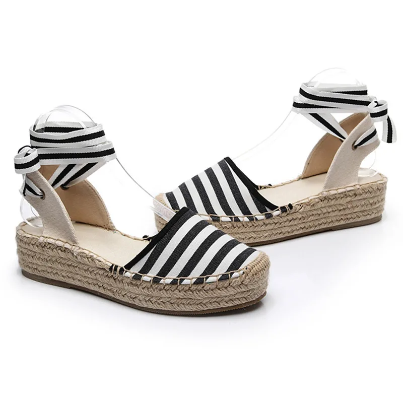 Summer Black Striped Wedge Espadrilles Women Sandals Closed Toe Lace Gladiator Sandal Women Casual Lace Up Women Platform Sandal (12)