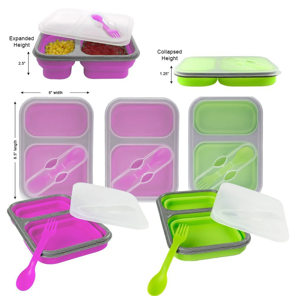 

WALFOS 2 Compartment Silicone Collapsible microwave lunch box for kids lunchbox food container bento box tableware