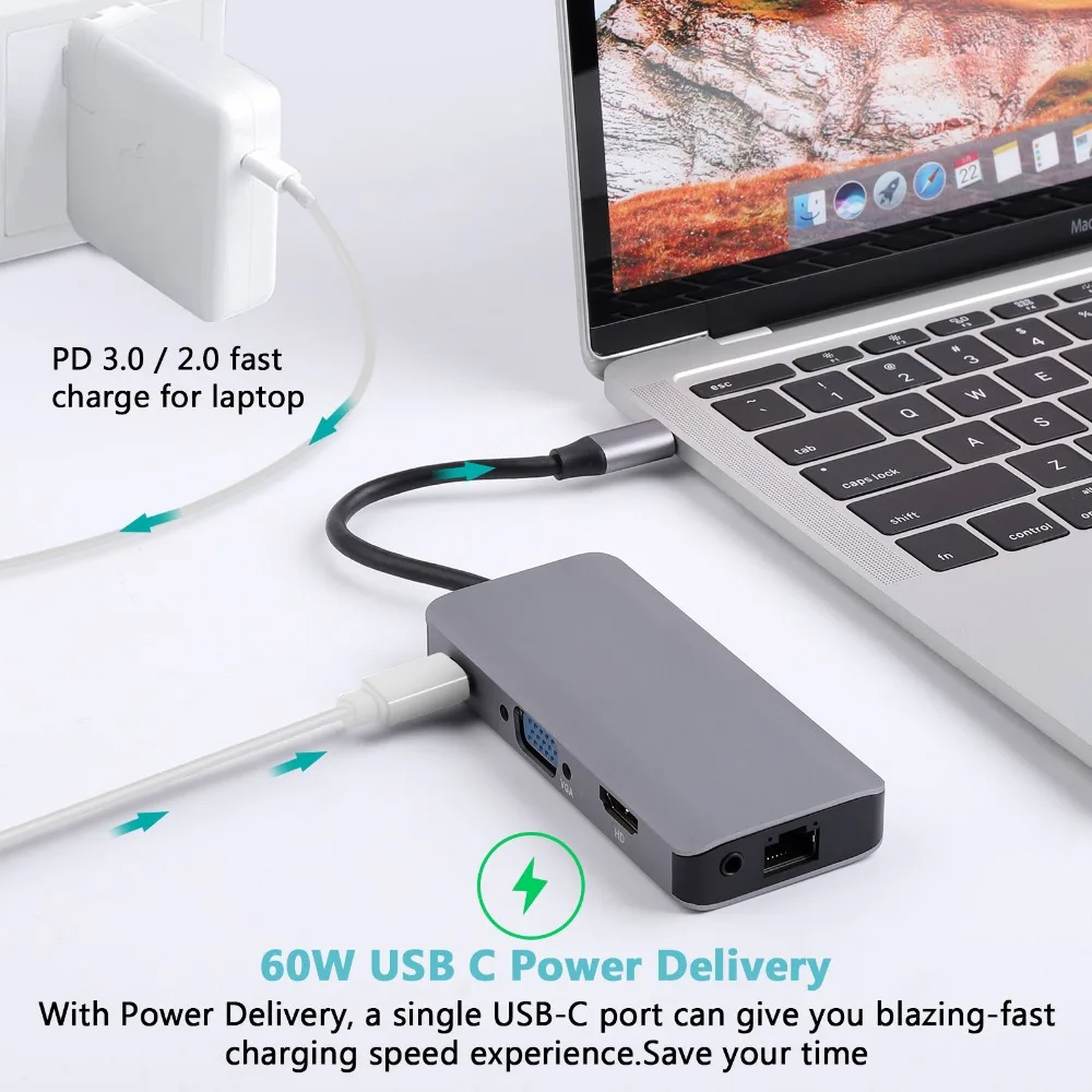 9 в 1 USB-C концентратор типа C до 3,5 мм аудио микрофон 4 к HDMI VGA RJ45 lan-адаптер с usb-разъемом 3,0 SD TF кардридер type C зарядка PD адаптер концентратор