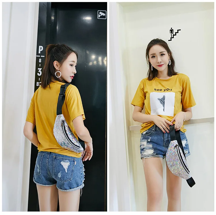 Female Laser Paillette Waist Bag Pack Hotsell Fitness Pockets Casual Shoulder Bright Color Sling Chest Bag  (9)