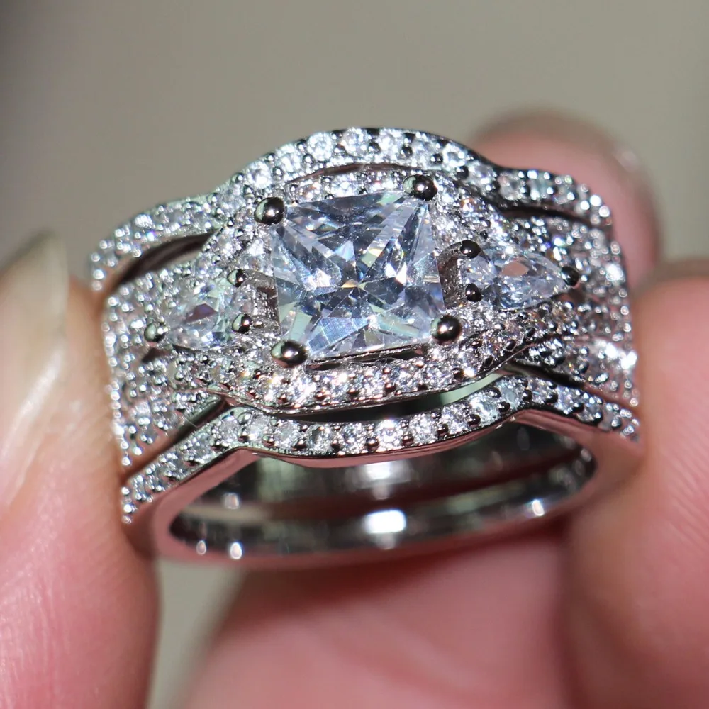 3PCS Stunning Fashion Jewelry 14KT White Gold Filled Princess Cut 5A Zirconia CZ 3 IN 1 Party Enternity Wedding Band Finger Ring | Украшения