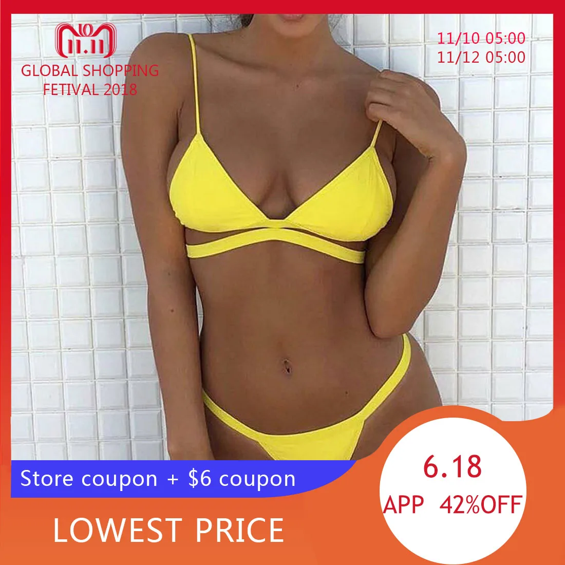 

Vertvie Yellow Women Swimsuit Solid Brazilian Thong Bikini Swim Set Swimwear Bathing Suit Beach Push Up Maillot De Bain Monokini