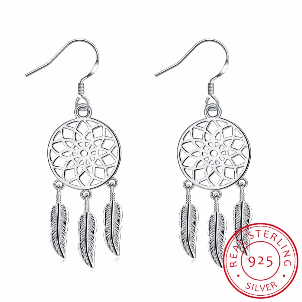 

LEKANI 925 Sterling Silver Neckband Feather Dream Catcher Drop Earrings For Women Rhinestones Earings Sterling-silver-jewelry