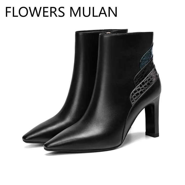 

Concise Patchwork Ankle Boots For Women Chic Pointed Toe High Heels Square Heel Ladies Booties Winter Shoes Woman Zapatos Mujer