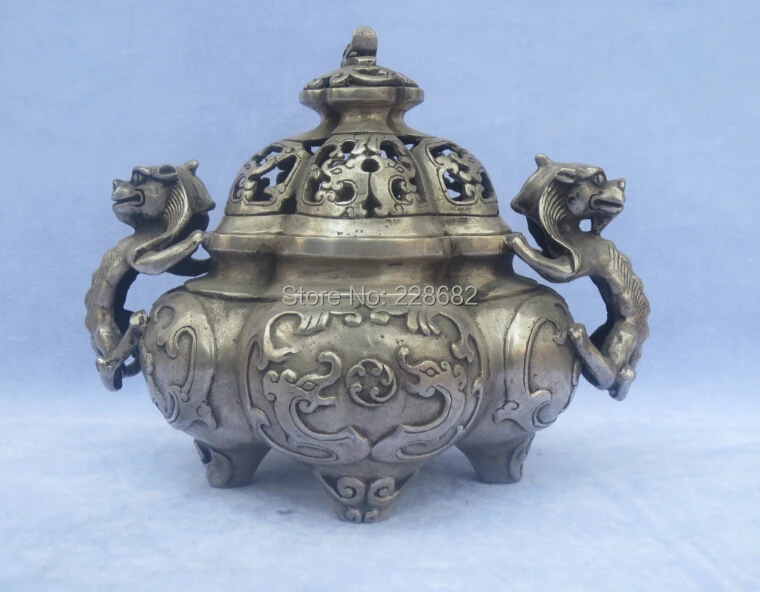 

Antique antiques Collectible Decorated Old Handwork Tibet Silver Carved Dragon Lid Big Incense Burner/Censer Free Shipping