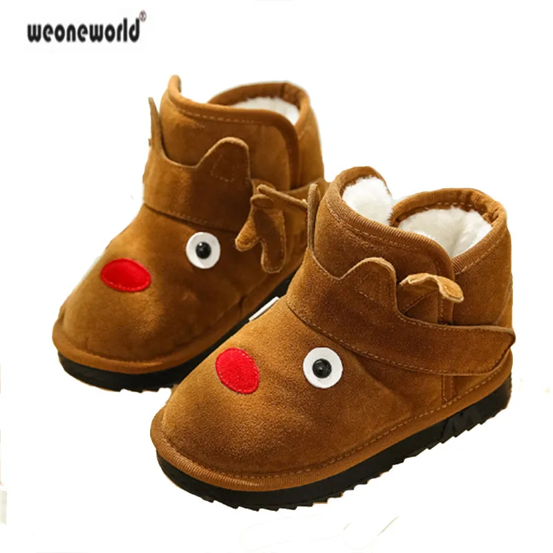 

WEONEWORLD Baby Snow Boots for boys and girls Kids Cartoon deer baby shoes Winter Children Geanuine Leather Velvet Warm Shoes