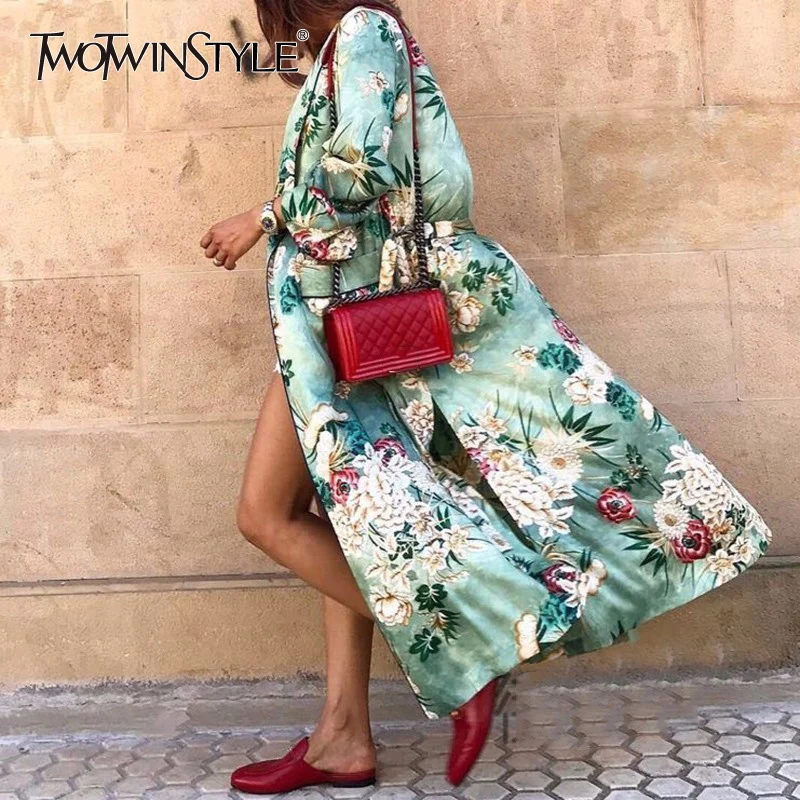 

TWOTWINSTYLE Print Windbreaker Female V Neck Lace Up High Waist Pocket Long Trench Coats 2019 Spring Fashion Large Size Clothes