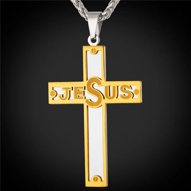 Buy JESUS Cross Pendant Necklace For Men Two Tone Gold