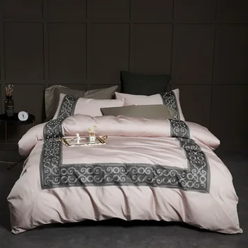

2 persons double bed linen 100% Cotton Sateen duvet cover sets 4 pieces pink and luxury grey embroidery bedding set Queen King