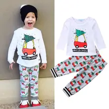 Дети для маленьких девочек мальчик автомобиль принт Деткая одежда с длинным рукавом футболка Топы+ леггинсы Рождественский набор