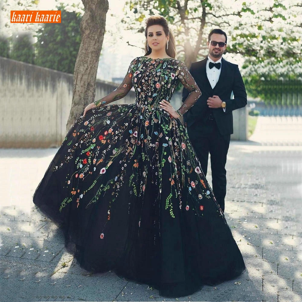 Elegant Black Embroidery Evening Dress Long Sleeve Formal Dresses 2021 Plus Sizerobe de soiree V Back Celebrity Pageant Gowns womens formal dresses