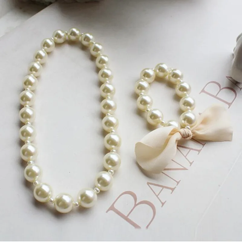 Белый искусственный жемчуг, бусы, милые дети, романтическое жемчужное ожерелье, ювелирный набор для детей, искусственный браслет из ожерелья и бисера