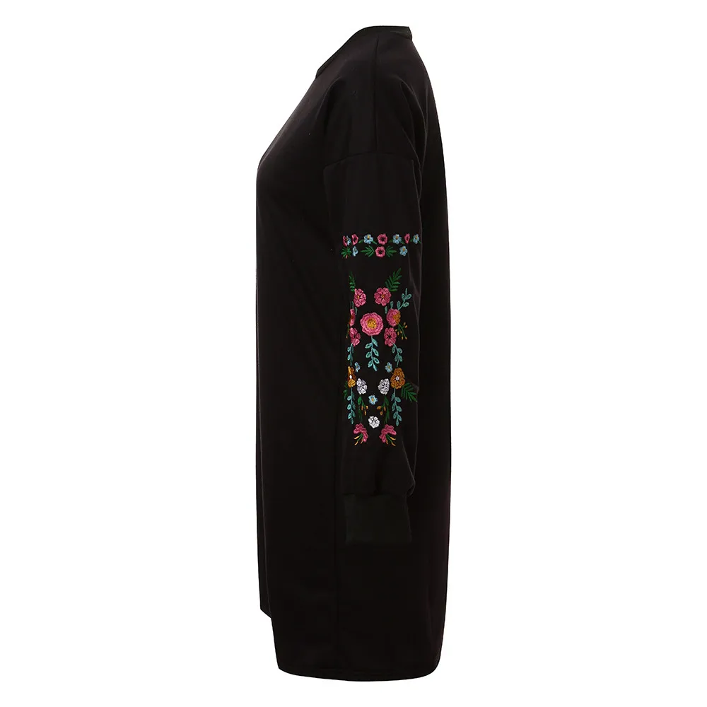Женское черное платье-толстовка с круглым вырезом и вышивкой, с длинным рукавом, осенне-зимняя одежда, черное платье, платья-свитера с цветочным принтом, Vestidos#15