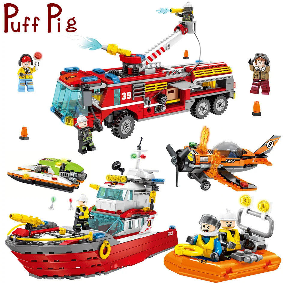 

Puff Pig City Fire Helicopter Truck Figures Building Blocks Zabawki Fire Fighter Boat Bricks Kids Educational Toys For Children