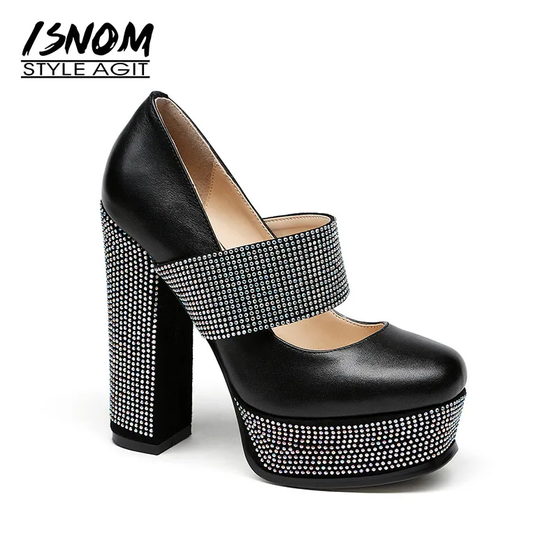 ISNOM 2018 Mary Jane High Heels Women Pumps Spring Platform Female Party Shoes Square Toe Bling Block Heeled Stitching Footwear цена ISNOM 2018 Mary Jane High Heels Women Pumps Spring Platform Female Party Shoes Square Toe Bling Block Heeled Stitching Footwear цены онлайн