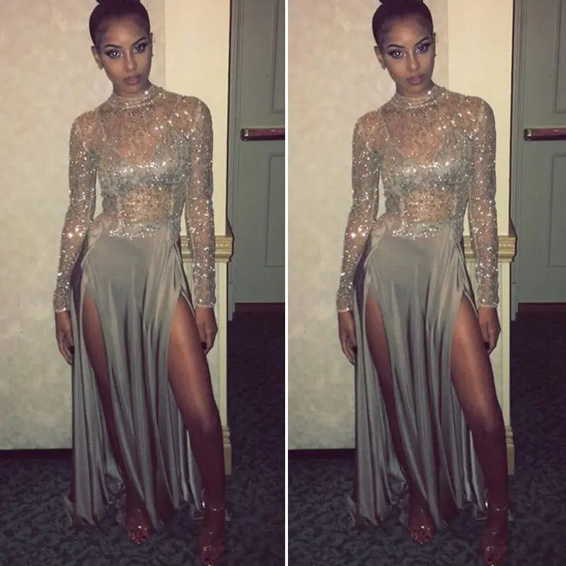 

2018 sexy Women's Vintage Long sleeve Cocktail mesh patchwork see-through voile dress Ladies Party sequins split long Dresess