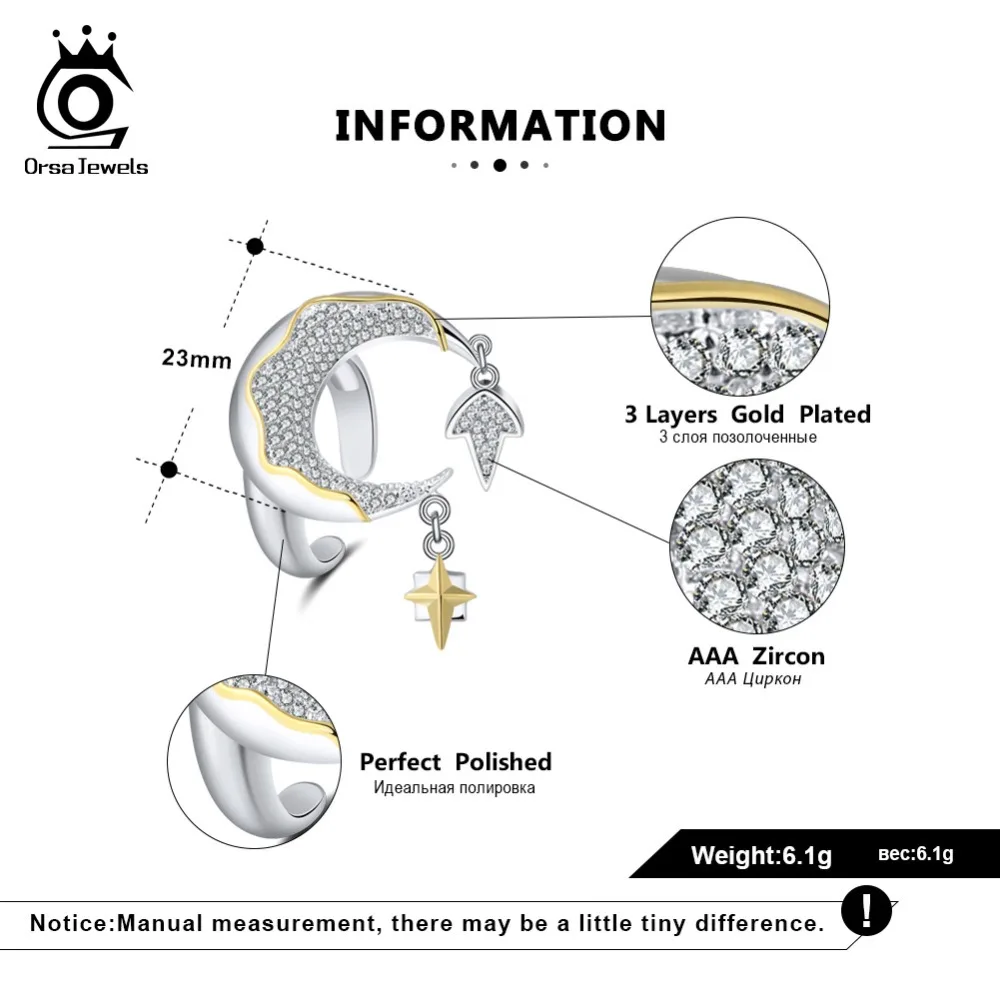 ORSA JEWELS Women Finger Rings Silver Color With Gold-color 23MM Moon And Dangle Meteor Shiny CZ Adjustable Female Jewelry OR185