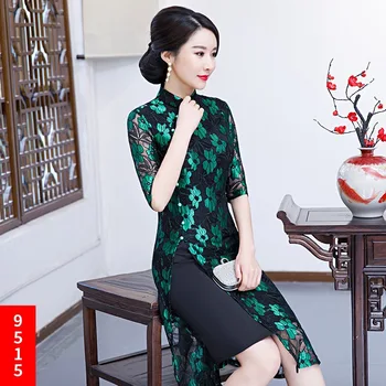

Stylish Ladies Lace Cheongsam 2018 Chinese style Mandarin Collar Knee Length Dress Womens Qipao Slim Party Dresses Vestido