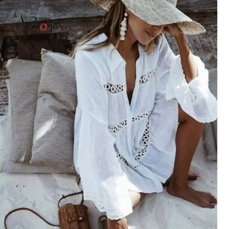 

2019 Summer Cheap Clothes China Hollowed Out Turn-down Collar Solid Color Swimming Women Blouses White Bell Sleeve Shirt Women