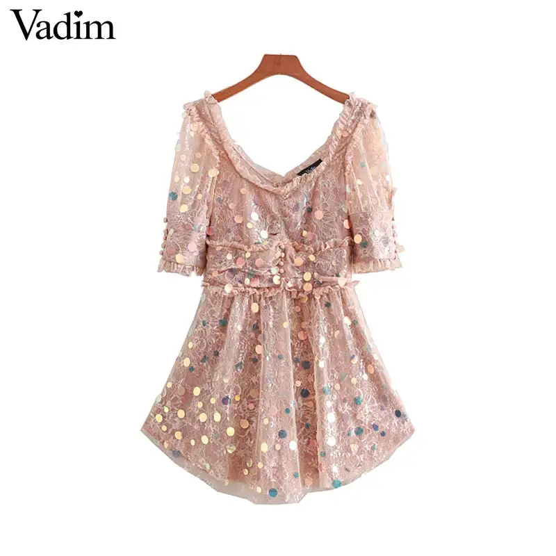 

Vadim women shiny colorful sequined mini dress sexy lace patchwork ruffles female pink party club dresses vestidos QB570
