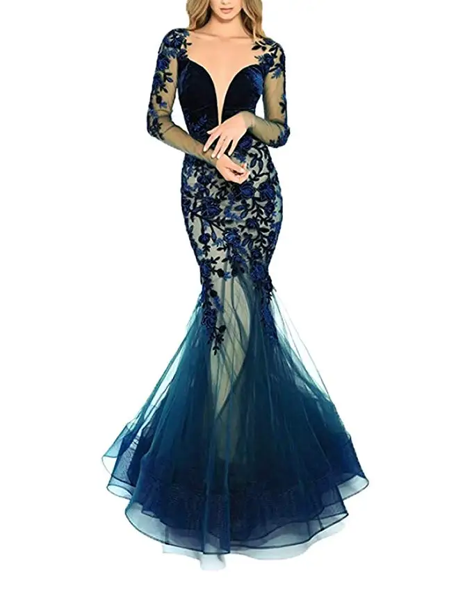 

2019 Sexy Lace Appliques Mermaid Prom Dresses Long Sleeves Evening Dress Formal Gowns Vestidos De Fiesta De Noche
